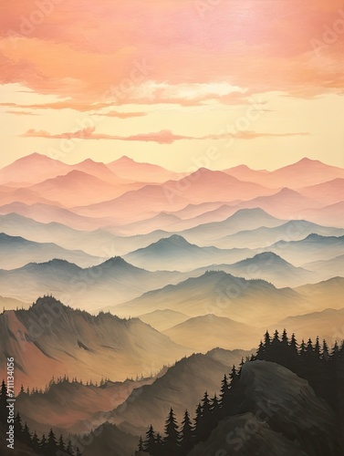 Dreamy Mountain Pass Paintings  Vintage Landscape of Mountain Silhouettes