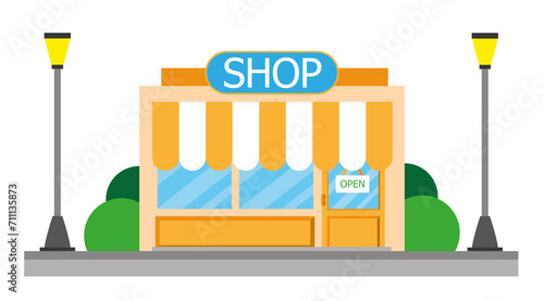 Vector e ilustración de tienda, abierta en la calle. Dibujo de 