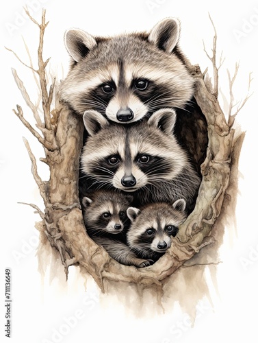 Hand-Drawn Wildlife Portraits: Cozy Raccoon Family Farmhouse Art