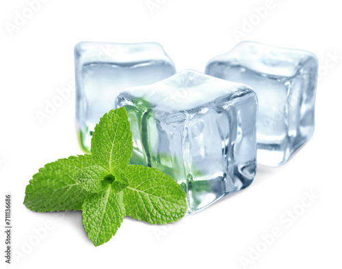 Green mint and ice cubes isolated on white