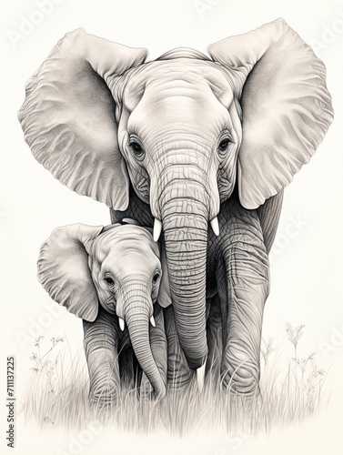 Hand-Drawn Wildlife Portraits  Mother Elephant and Calf Bond Wall Art