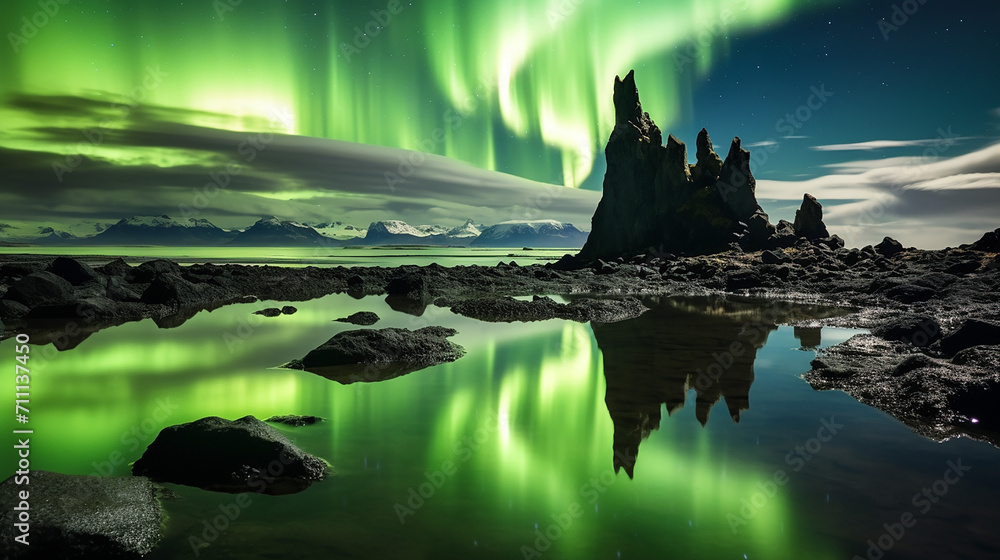 Iceland scene in Hvitserkur northern lights green reflection