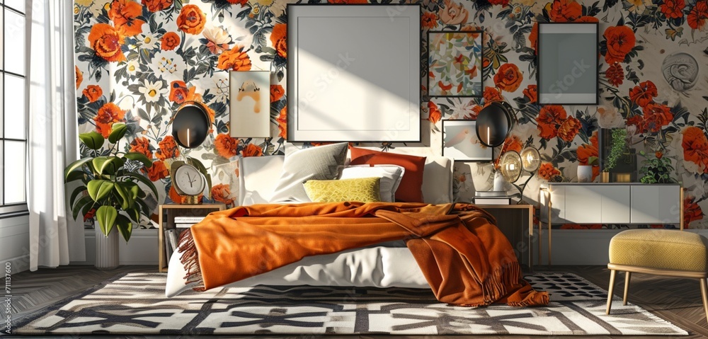 Retro 1960s pop bedroom with a mod bed, vintage pop culture art, and a ...
