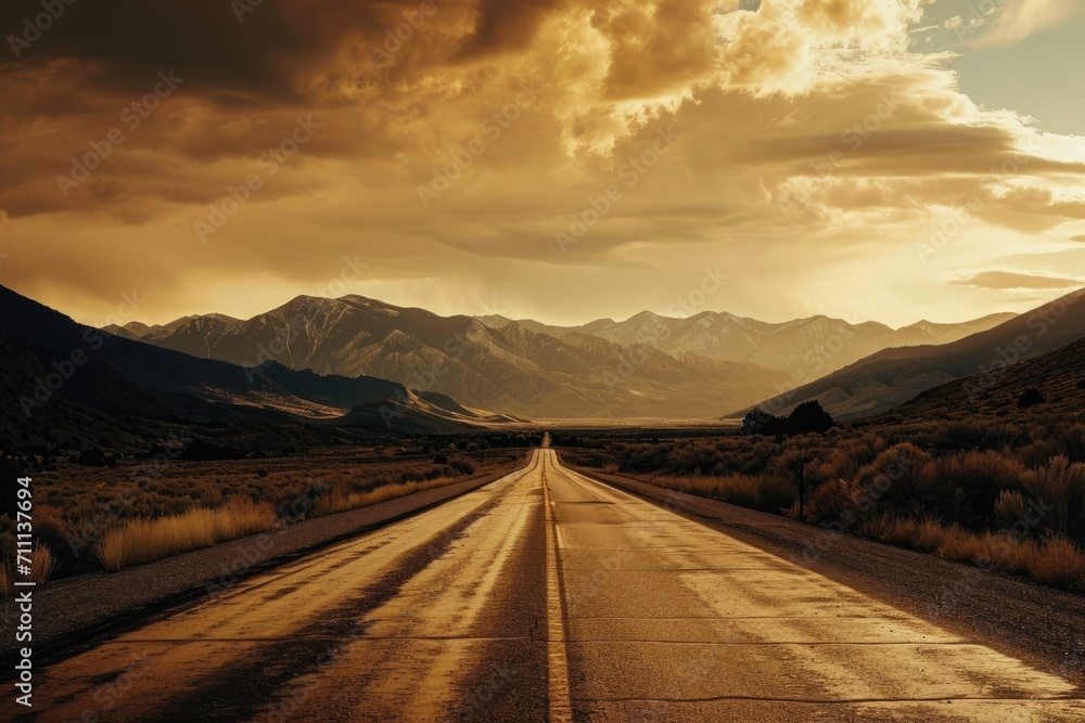 Desert road leading to mountains in sunset light