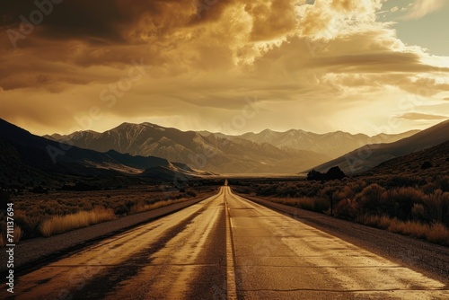 Desert road leading to mountains in sunset light