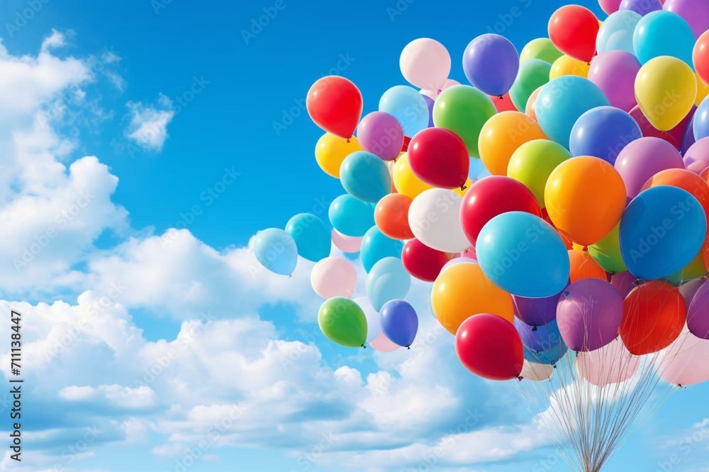a bunch of vibrant balloons floating in the sky. Generative AI