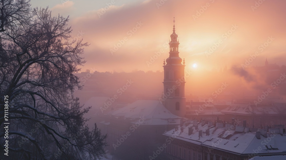 Fototapeta premium Beautiful historical buildings in winter with snow and fog in Prague city in Czech Republic in Europe.