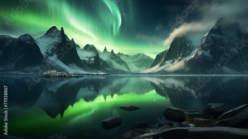 Northern light under mountains. beautiful natural landscape in the Norway