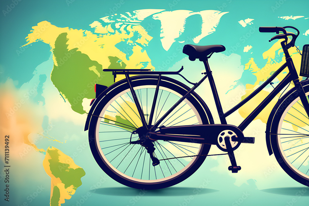 Bicycle Day Running the World: June 3, Summary title for posters, banners, backgrounds, and wallpaper with bicycles and world maps combined generative ai

