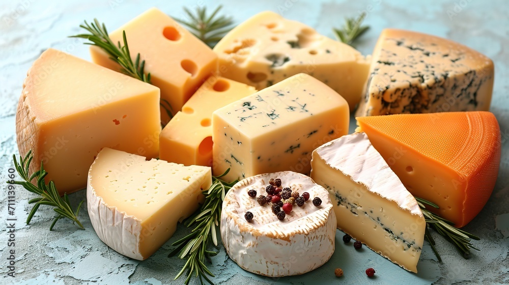 various types of cheese on a dark concrete background. Top view