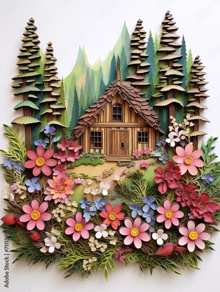 Handcrafted Woodland Artistry: Cottage Wall Art Amidst Forest Blooms
