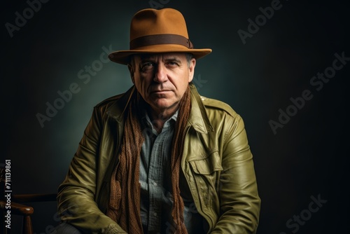 Portrait of an old man in a hat and green jacket.