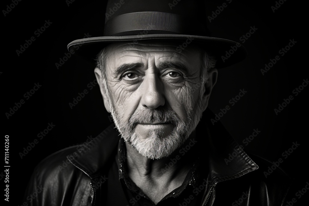 Portrait of an old man in a top hat. Black and white.