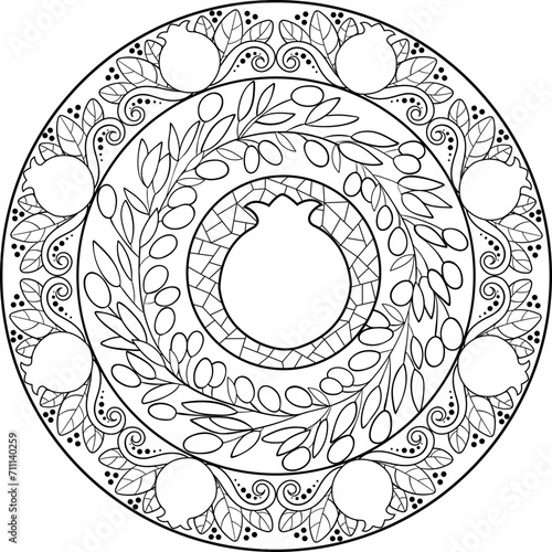 Pomegranates and olives wreath coloring page