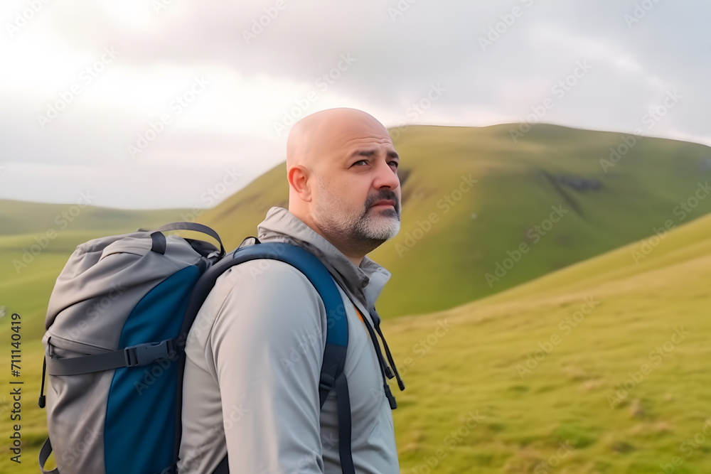 Tourist traveler in the mountains. Neural network AI generated art Tourist traveler in the mountains. Neural network AI generated art