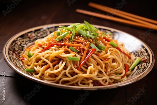 Chinese noodles with sesame, vegetables, and green onions on decorated plate