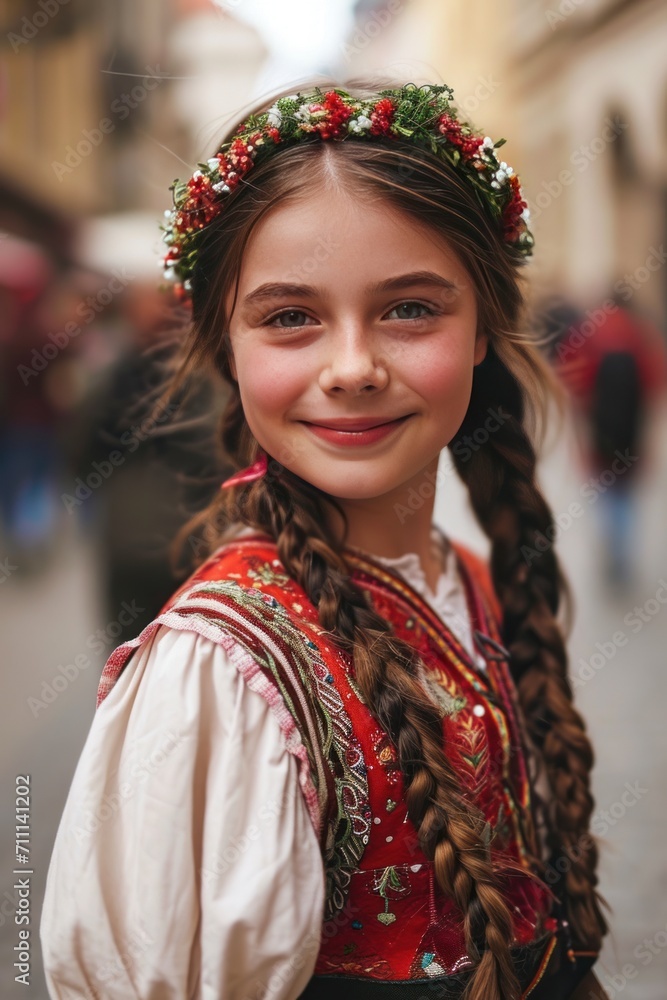 A beautiful girl in traditional Czech clothing in street with historic buildings in the city of Prague, Czech Republic in Europe.