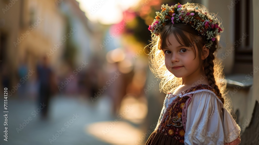 A beautiful little girl in traditional Czech clothing in street with historic buildings in the city of Prague, Czech Republic in Europe.