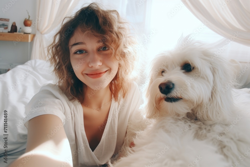 Woman taking selfie with white dog in morning sunlight Woman taking selfie with white dog in morning sunlight