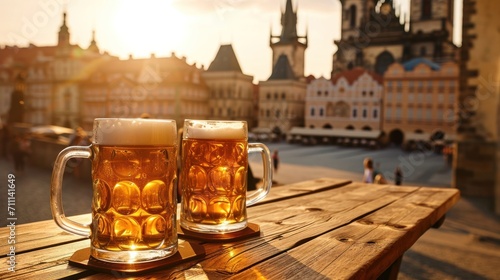 Beer mug with beer on table in a sunny day and beautiful historical buildings of Prague city in Czech Republic in Europe.