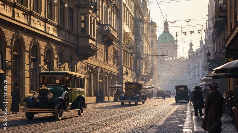Historical street view of Prague City in 1930's in Czech Republic in Europe.