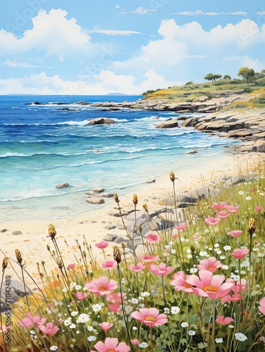 Nautical Coastal Landscapes: Vintage Landscape Art Print of Ocean Breezes, Blooming Flowers for Beach Enthusiasts