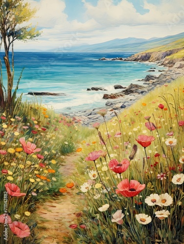Nautical Coastal Landscapes: Vintage Oceanic Vistas Art Print with Wildflower Field by the Seashore