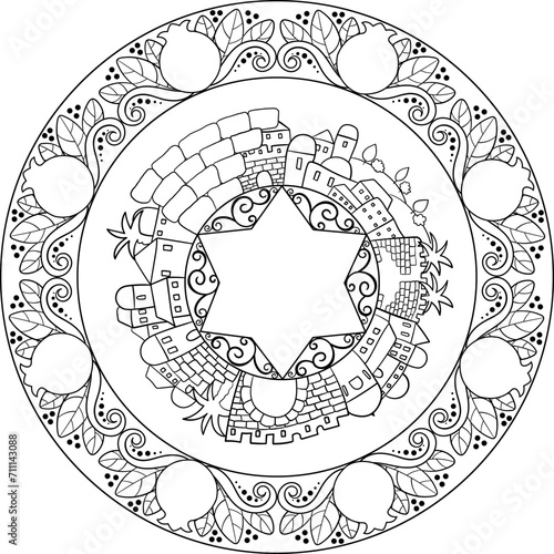 Judaica motifs round illustration coloring page