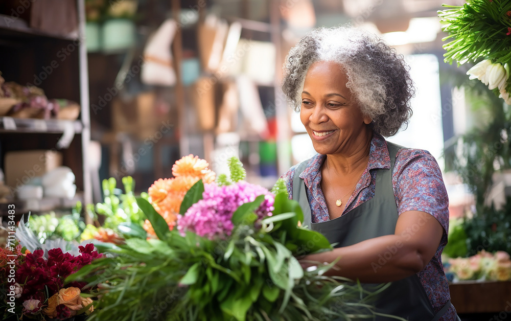 Picture of an old dark-skinned woman florist while working. Picture of an old dark-skinned woman florist while working.