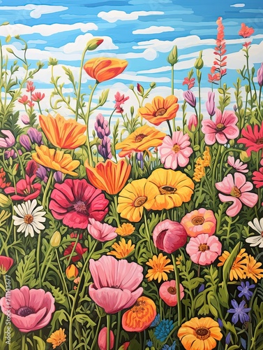 Organic Garden Artistry: Field Painting - Retro Floral Designs, Vintage Farmhouse Aesthetics