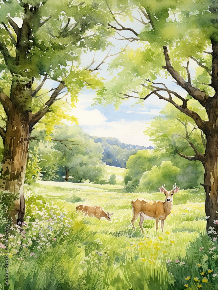 Fototapeta premium Tranquil Countryside: Captivating Pastoral Scene Watercolors