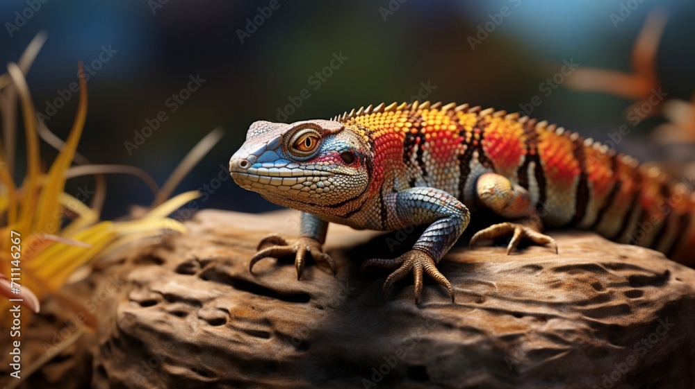 Fototapeta premium Colorful Chameleon Perched on Vibrant Tropical Foliage - AI-Generative