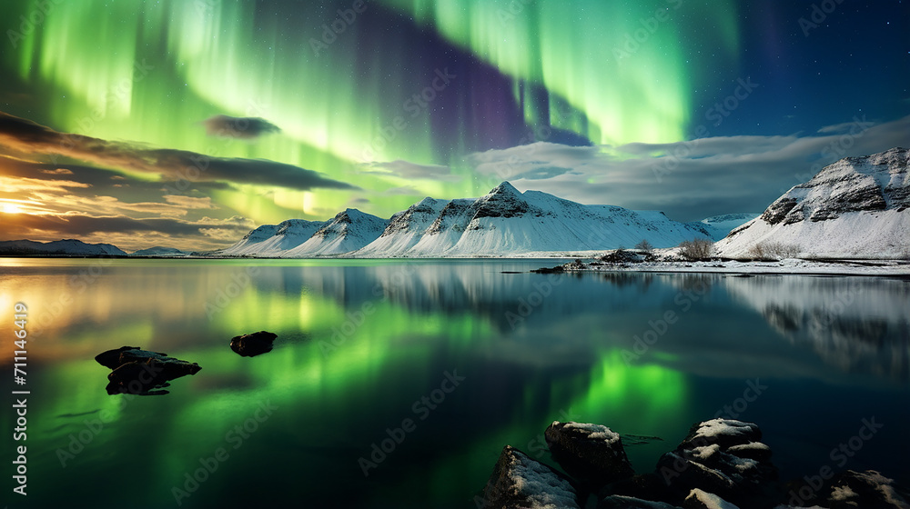 beautiful northern lights aurora borealis in iceland with mirror lake at night