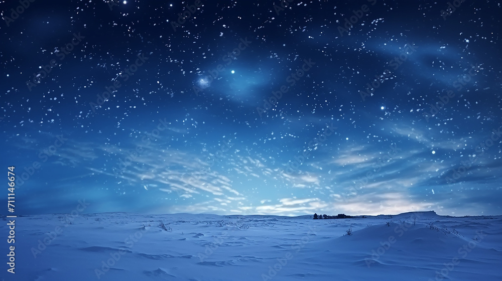 snow at field and starry winter sky snowy moonless night