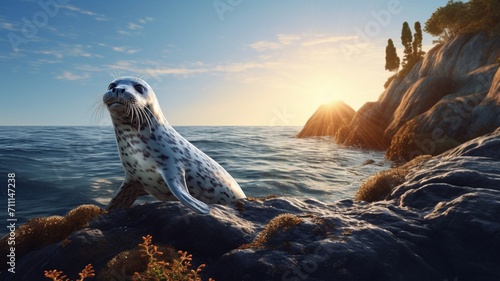 Graceful Grey Seal Surfacing in Ocean Waters on Rocky Beach with Elegance and Presence - AI-Generative photo