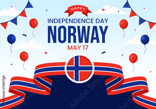 Norway Independence Day Vector Illustration on May 17 with Flag of Norwegian and Ribbon in National Holiday Celebration Flat Cartoon Background