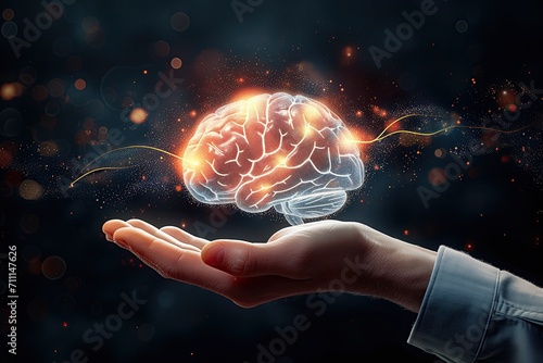 human hand with a brain on a dark background photo