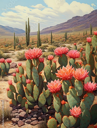 Retro Blooming Cactus Designs: Desert Springtime's Field Painting in Full Bloom