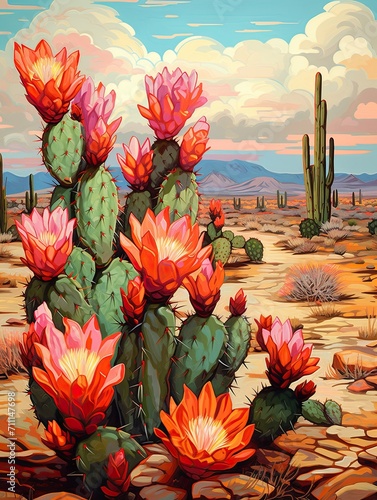 Retro Blooming Cactus Designs: Painting the Rustic Charm of Blooming Desert Wilderness