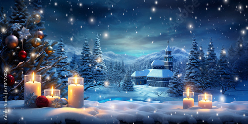 Beautiful winter frozen background fir-trees and cottages Christmas trees in a snowy field, complemented by bokeh lights. decoration with burning candles
