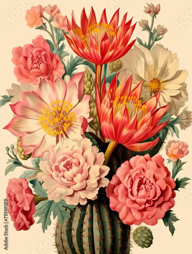 Retro Blooming Cactus Designs  Vintage Painting with Rustic Charm and Desert Hues