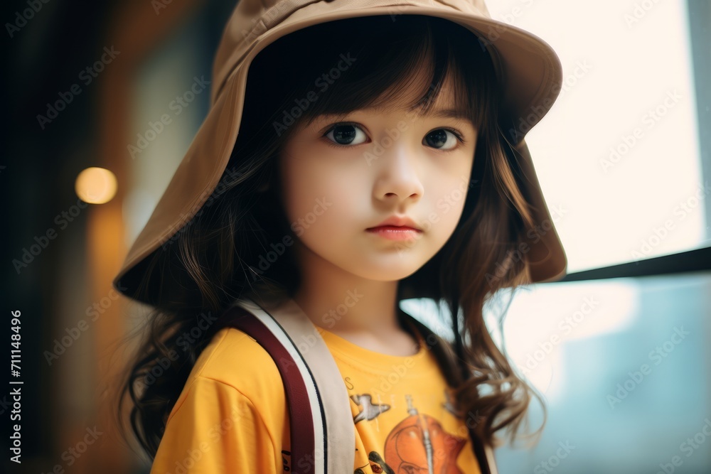 Portrait of a cute asian child girl with hat and backpack Portrait of a cute asian child girl with hat and backpack
