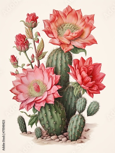 Retro Blooming Cactus Designs: Rustic Desert Wall Art in Full Bloom