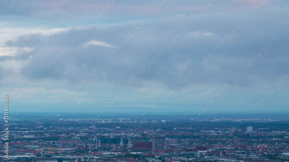 Munich Architecture at Dusk: Aerial Fall View from Day to Night Munich Architecture at Dusk: Aerial Fall View from Day to Night