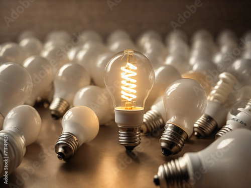 Eco energy saving light bulb, one glowing compact fluorescent light bulb standing out amongst the unlit incandescent light bulbs or Individuality concept- generated by ai