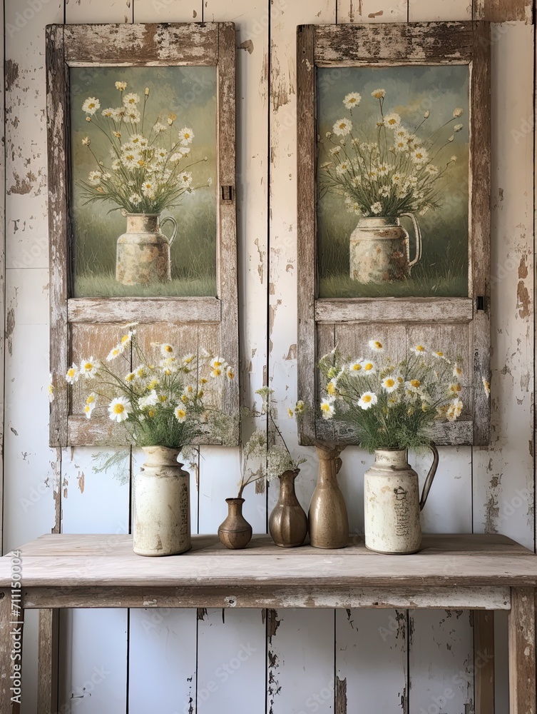 Fototapeta premium Rustic Barnyard Paintings: Vintage Elegance Embodied in Wildflower and Farmhouse Details