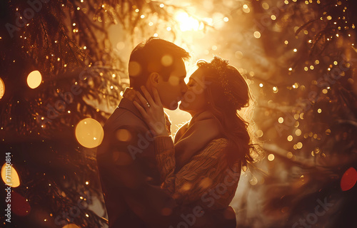 Young couple kissing against background of a romantic lights © ginstudio