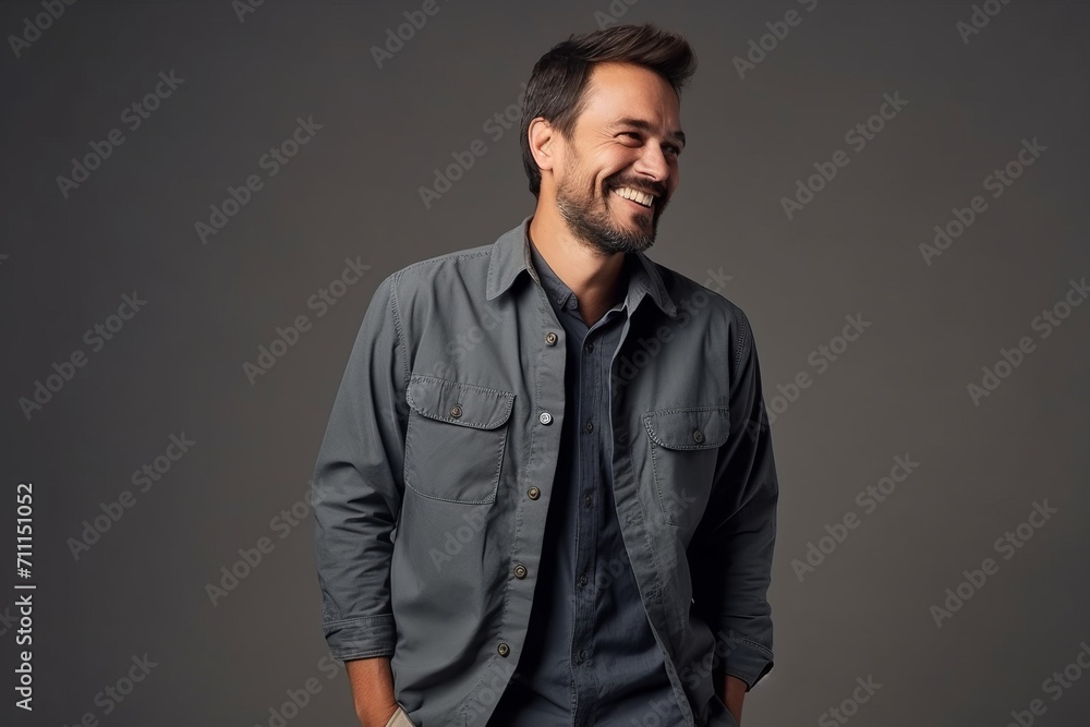 Portrait of a handsome young man laughing and looking at camera against grey background