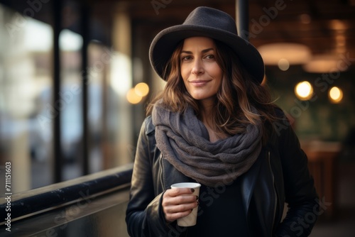 Beautiful woman in hat and scarf holding a cup of coffee.