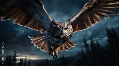 Majestic Owl Soaring Through Dramatic Thunderstorm Skies - AI-Generative